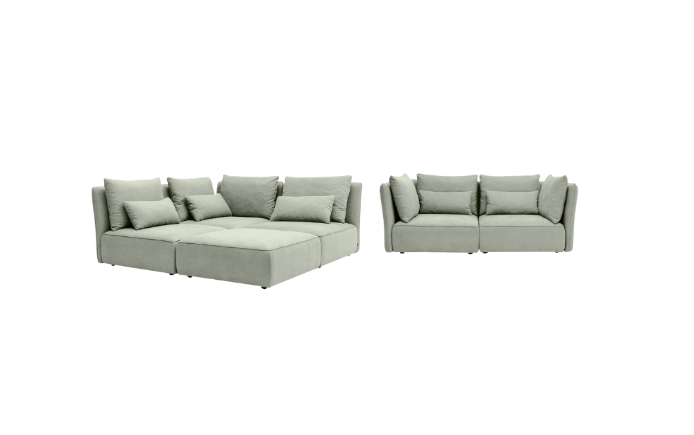 Zwei modulare Sofas von Yvi Living nebeneinander – links ein großzügiges Ecksofa in L-Form, rechts ein kompakter 2-Sitzer; visualisiert den Vergleich verschiedener Sofaformen für den SEO-Beitrag.