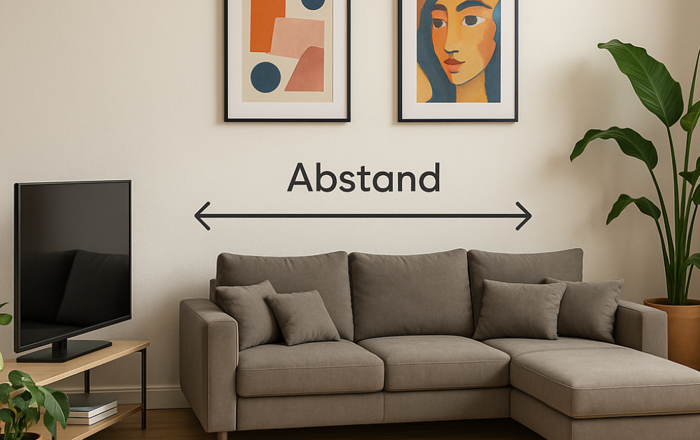Wohnzimmer mit grauem Sofa, Flachbildfernseher und Abstandsanzeige – idealer TV-Abstand zum Sofa visualisiert.