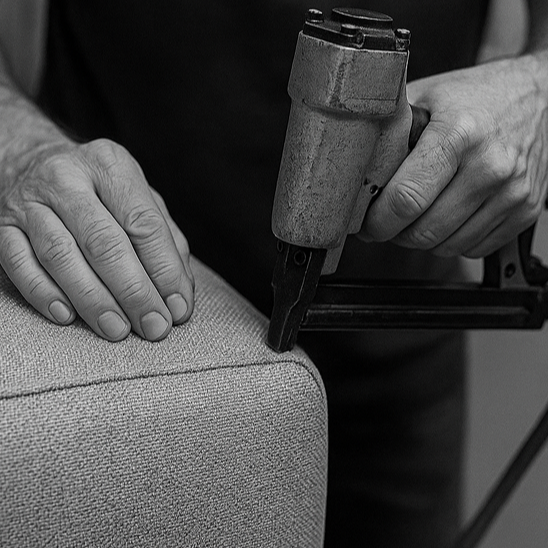 Handwerkliche Polsterarbeit in Nahaufnahme – ein Möbelbauer befestigt den Bezug eines Sofaelements mit einem Tacker. Hochwertige Verarbeitung und Detailgenauigkeit bei der Fertigung von Polstermöbeln in Deutschland.
