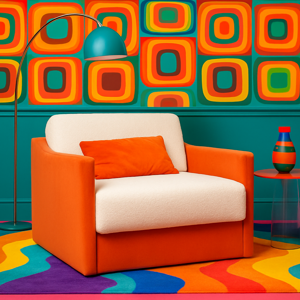 Farbenfroher Retro-Raum mit dem orangefarbenen Schlafsessel „ERNST“ von Yvi Living – kombiniert mit knalligem Musterteppich, verspielter Tapete im 70er-Jahre-Stil und passenden Accessoires für ein mutiges, stilbewusstes Wohnambiente mit Wohlfühlfaktor. Orange | Teddy