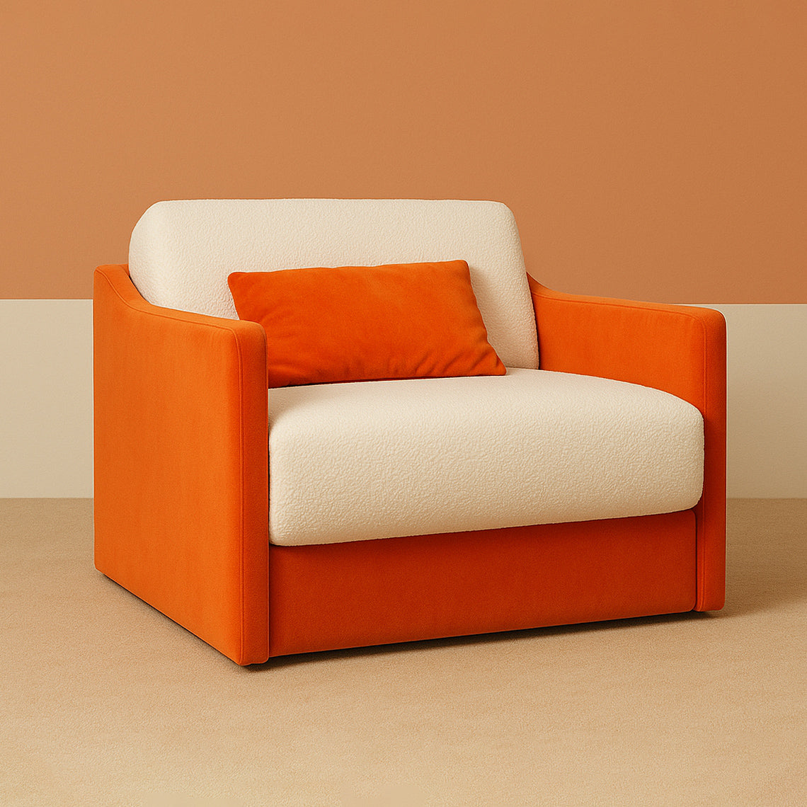 Design-Sessel von Yvi Living in kräftigem Orange mit cremefarbener Sitzfläche in Bouclé-Optik – Statement-Piece mit modernem Farbkontrast und gemütlichem Akzentkissen, perfekt für trendbewusstes Wohnen mit Charakter.